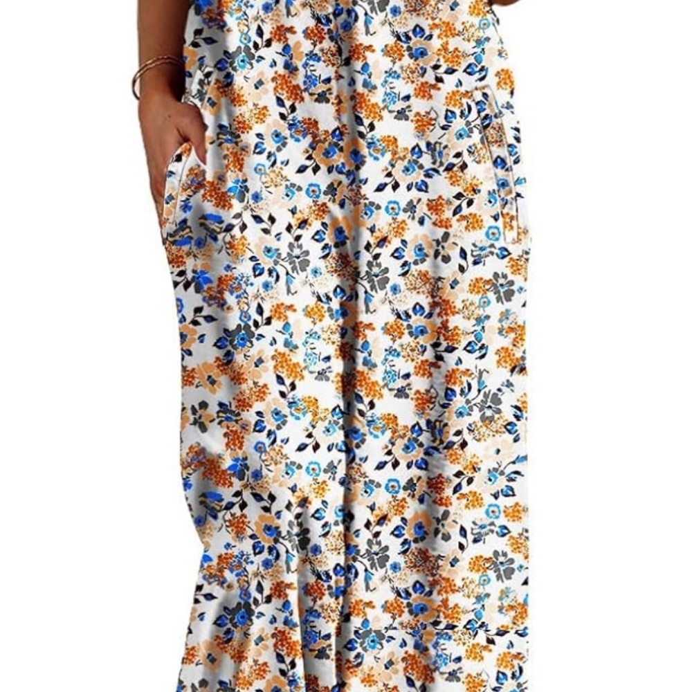 Amazon Women's Floral Wide Leg Pants - Blue, Orange, and White